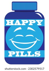 A blue bottle of happy pills with a silly smiling face on the label