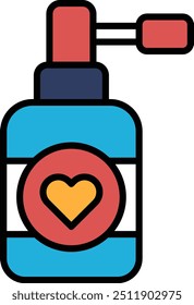 A blue bottle with a heart on it. The heart is red and yellow. The bottle is labeled with the word "love"