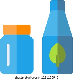 Blue Bottle Icon with Leaf and Jar with Orange Cap Ecology