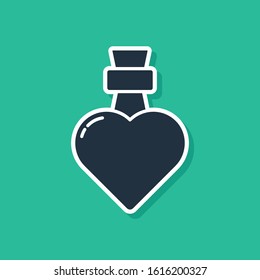 Blue Bottle with love potion icon isolated on green background. Valentines day symbol.  Vector Illustration