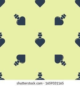 Blue Bottle with love potion icon isolated seamless pattern on yellow background. Valentines day symbol.  Vector Illustration