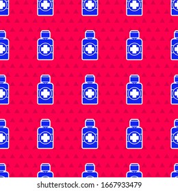 Blue Bottle of medicine syrup icon isolated seamless pattern on red background.  Vector Illustration