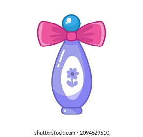 Una botella azul de perfume o una eau de inodoro con un arco. Ilustración vectorial en el estilo de los niños con dibujos animados. Clíparte linda aislada