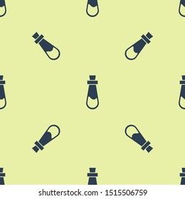 Blue Bottle with potion icon isolated seamless pattern on yellow background. Flask with magic potion. Happy Halloween party.  Vector Illustration