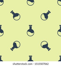 Blue Bottle with potion icon isolated seamless pattern on yellow background. Flask with magic potion. Happy Halloween party.  Vector Illustration