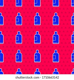 Blue Bottle of shampoo icon isolated seamless pattern on red background.  Vector Illustration
