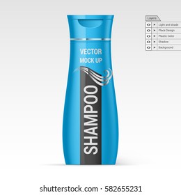 Blue Bottle Shampoo Isolated on White Background. Vector Layers Mock up