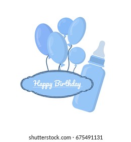 Blue bottle with slots and label on white background greeting card