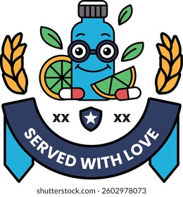 A blue bottle with a smiling face and a green leaf on top. The bottle is surrounded by a blue ribbon with a star and a green leaf. The words "served with love" are written below the ribbon