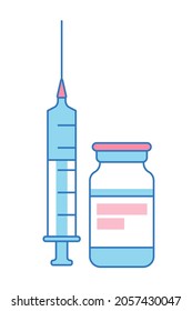 Blue bottle and syringe with vaccine injection from virus isolated vector illustration. Vector flat color icon illustration with stroke. Medical concept.