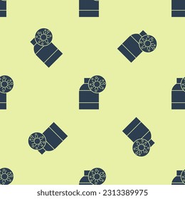 Blue Bottle with virus and bacteria icon isolated seamless pattern on yellow background. Analysis microorganism, research, diagnosis.  Vector Illustration