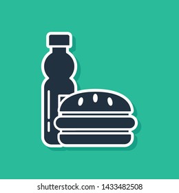 Blue Bottle of water and burger icon isolated on green background. Soda aqua drink sign. Hamburger, cheeseburger sandwich. Fast food menu.  Vector Illustration