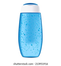 Blue bottle with water drops. Cosmetic packaging for shower gel, shampoo or conditioner. Isolated on a white background.