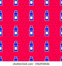 Blue Bottle of water icon isolated seamless pattern on red background. Soda aqua drink sign.  Vector