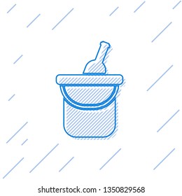 Blue Bottle of wine in an ice bucket line icon isolated on white background. Vector Illustration