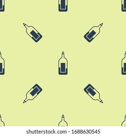Blue Bottle of wine icon isolated seamless pattern on yellow background.  Vector Illustration