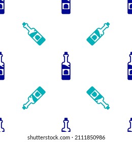 Blue Bottle of wine icon isolated seamless pattern on white background.  Vector