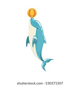 Blue Bottlenose Dolphin Balancing A Ball For Entertainment Show, Realistic Aquatic Mammal Vector Drawing