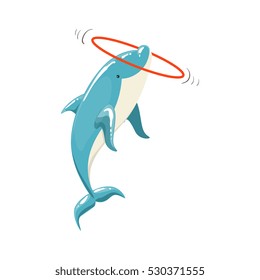 Blue Bottlenose Dolphin Holding Hula-Hoop For Entertainment Show, Realistic Aquatic Mammal Vector Drawing