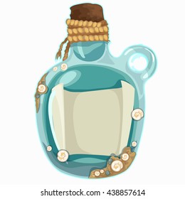 Blue bottles with a message closed with cork isolated on white background. Vector cartoon close-up illustration.