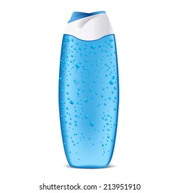 Blue bottles with water drops. Cosmetic packaging for shower gel, shampoo or conditioner. Isolated on a white background.
