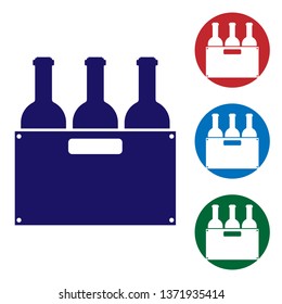 Blue Bottles of wine in a wooden box icon isolated on white background. Wine bottles in a wooden crate icon. Set color icon in circle buttons. Vector Illustration