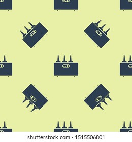 Blue Bottles of wine in a wooden box icon isolated seamless pattern on yellow background. Wine bottles in a wooden crate icon.  Vector Illustration