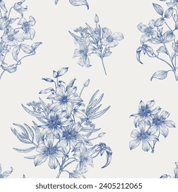 Blue Bouquet flowers of Clematis on beige Seamless vector vintage pattern. Hand drawn elements. Elegant floral background Textiles, paper, wallpaper