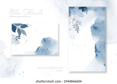 Blue bouquet illustration designed on the surface of stain watercolor