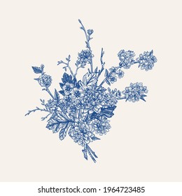 Blue bouquet. Vintage. Blooming spring tree branches. Engraving. Vector botanical illustration. Cherry, hawthorn common, kerria japonica.