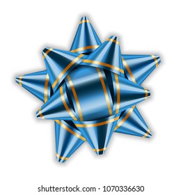 Blue bow 3d ribbon decor element package Shiny color satin decoration gift present, holiday design, isolated white background. Symbol Christmas, New Year celebration, birthday Vector illustration