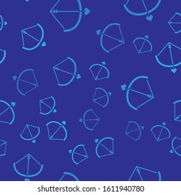 Blue Bow and arrow icon isolated seamless pattern on blue background. Cupid symbol. Love sign. Valentines day concept.  Vector Illustration