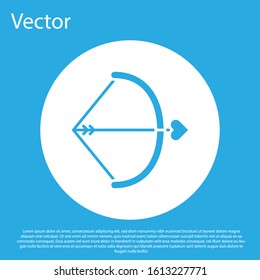 Blue Bow and arrow icon isolated on blue background. Cupid symbol. Love sign. Valentines day concept. White circle button. Vector Illustration