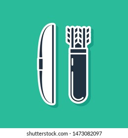 Blue Bow and arrow in quiver icon isolated on green background.  Vector Illustration