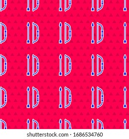 Blue Bow and arrow in quiver icon isolated seamless pattern on red background.  Vector Illustration
