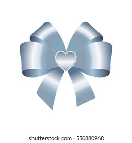 Blue bow decorated with  heart isolated on a  white background. Vector image.