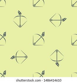 Blue Bow and fire arrow icon isolated seamless pattern on yellow background.  Vector Illustration