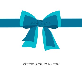 Blue bow with horizontal ribbon. Festive decorative wrapping element. Hand drawn vector illustration isolated on white background, modern flat cartoon style.