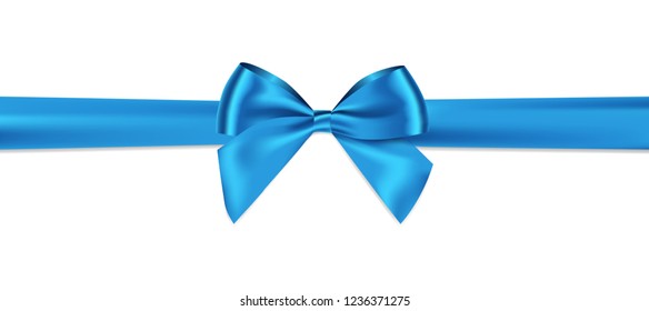 Blue bow and horizontal ribbon realistic shiny satin with shadow for decorate your gift card or website vector EPS10 isolated on white background.