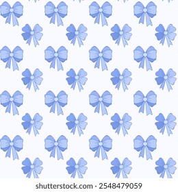 Blue Bow with Outline Seamless Pattern. Hand draw blue bow coquette and ribbons pattern for gift wrapping, wedding, holidays, gift boxes