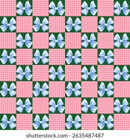 Blue Bow and Pink Gingham Checkerboard Seamless Pattern, Cute Retro Ribbon Design
