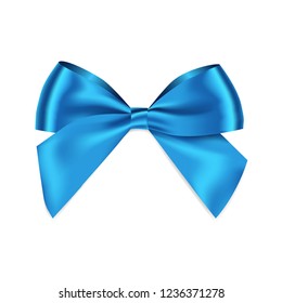 Blue bow realistic shiny satin with shadow for decorate your gift card or website vector EPS10 isolated on white background.