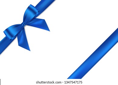 Blue bow realistic shiny satin and ribbon place on corner of paper with shadow for decorate your wedding card,website or gift card,vector EPS10 isolated on white background.