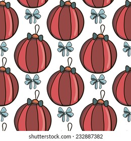 Blue bow and red christmas tree toy vector seamless pattern on white background