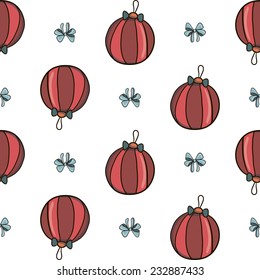 Blue bow and red christmas tree toy vector seamless pattern on white background
