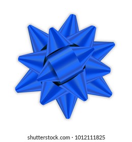 Blue bow ribbon 3d decor element package Shiny color satin decoration gift present, holiday design, isolated white background. Symbol Christmas, New Year celebration, birthday Vector illustration
