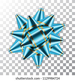 Blue bow ribbon 3d decor element package Shiny color satin decoration gift present isolated white transparent background. Christmas New Year celebration, birthday holiday design Vector illustration