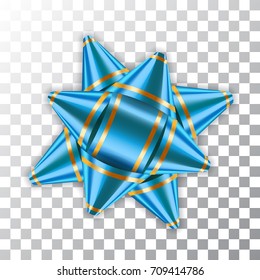 Blue bow ribbon decor element package Shiny color satin decoration gift present isolated white transparent background. Christmas New Year celebration, birthday holiday design Vector illustration