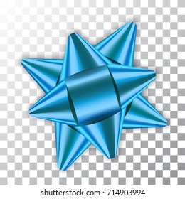Blue bow ribbon decor element package Shiny color satin decoration gift present isolated white transparent background. Christmas New Year celebration, birthday holiday design Vector illustration