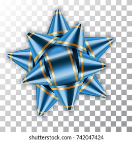Blue bow ribbon decor element package Shiny color satin decoration gift present isolated white transparent background. Christmas New Year celebration, birthday holiday design Vector illustration